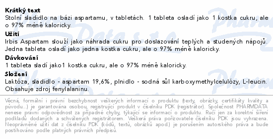 IRBIS Aspartam tbl.110 dávkovač