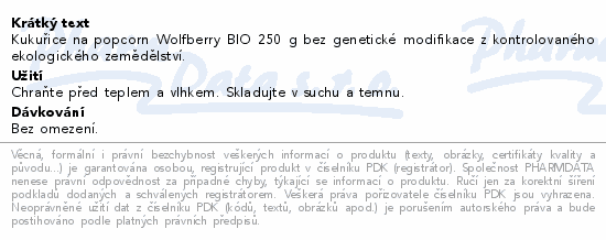 Kukuřice na popcorn BIO 250 g Wolfberry