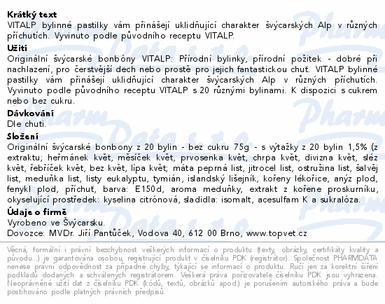 TOPVET Švýcar.bonbóny VITALP 20 bylin b.cukru 75g