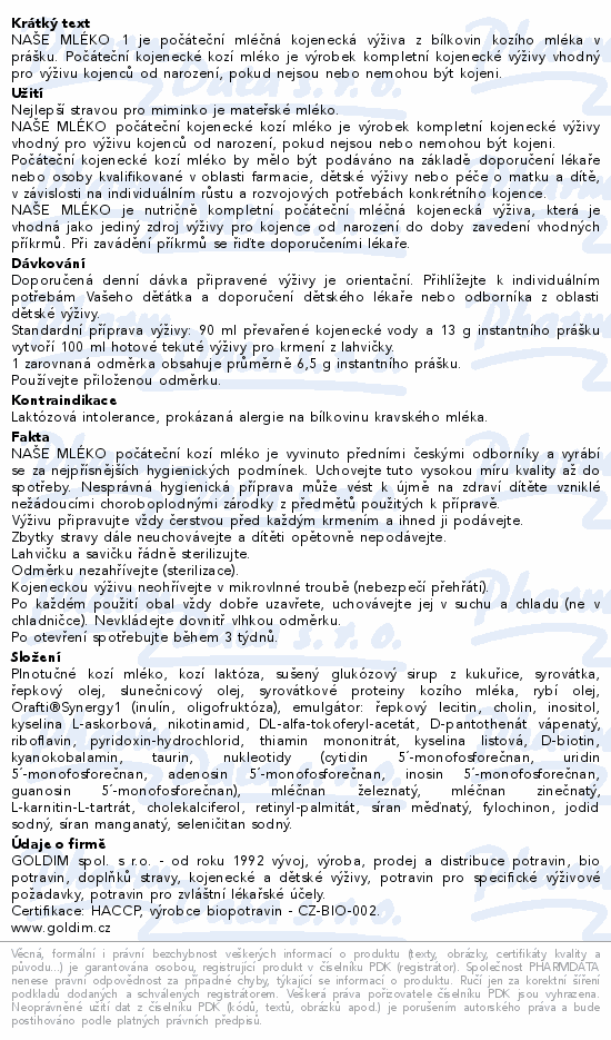 Naše mléko 1 počáteč.kojen.výživa kozí mléko 525g