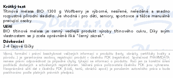 Třtinová melasa BIO 1300g Wolfberry