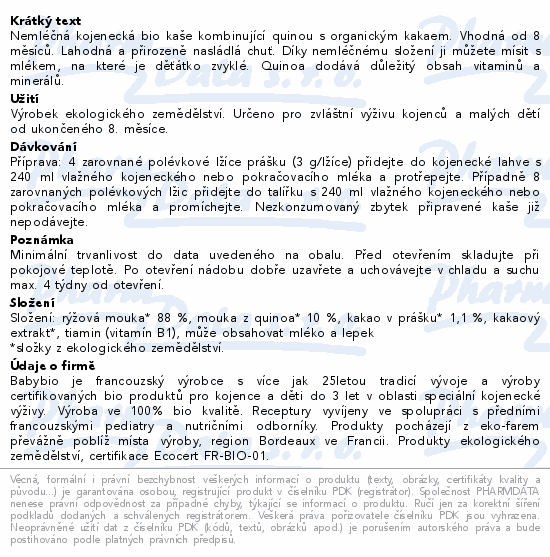 BABYBIO nemléčná cereální kaše s kakaem 8m+ 220g