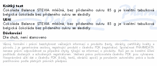 Čokol.Balance STEVIA mléč.bez přidaného cukru 85g