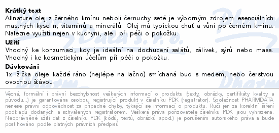 Allnature Olej z černého kmínu BIO 250ml