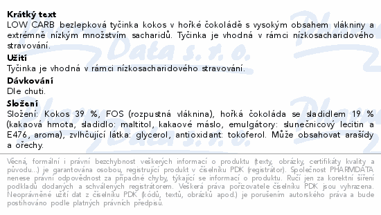 Topnatur LOW CARB tyčinka kokos v hoř.čokoládě 40g
