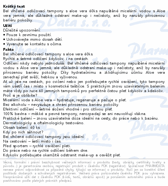 Bel Face&Body vlhčené odlič.tamp.s aloe vera 60ks